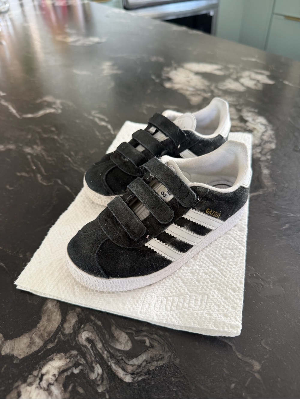 adidas Kids Black and White Velcro Gazelle Sneakers